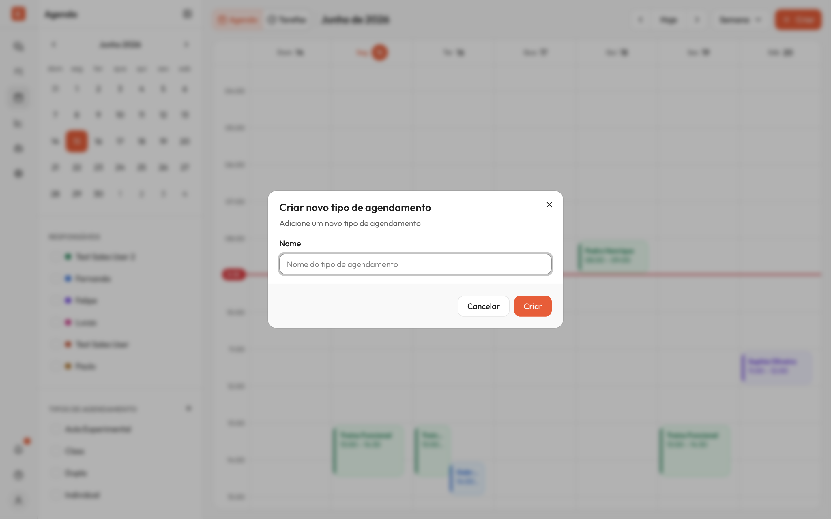 Diálogo 'Criar novo tipo de agendamento' aberto sobre a Agenda, com o campo 'Nome' em branco (placeholder 'Nome do tipo de agendamento') e os botões 'Cancelar' e 'Criar' no rodapé.