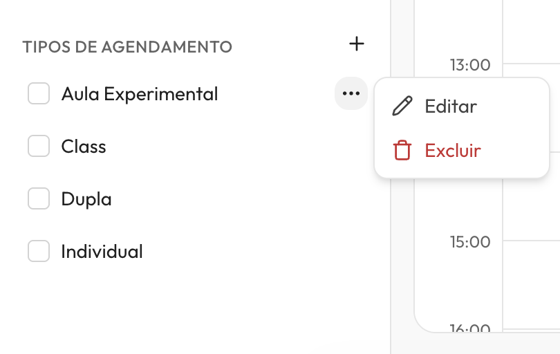 Menu de opções aberto sobre a linha 'Aula Experimental' na lista de Tipos de agendamento, com as ações 'Editar' e 'Excluir' visíveis.