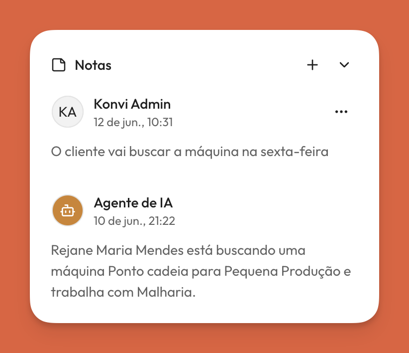 Painel de atendimento com as notas do agente de IA e notas internas