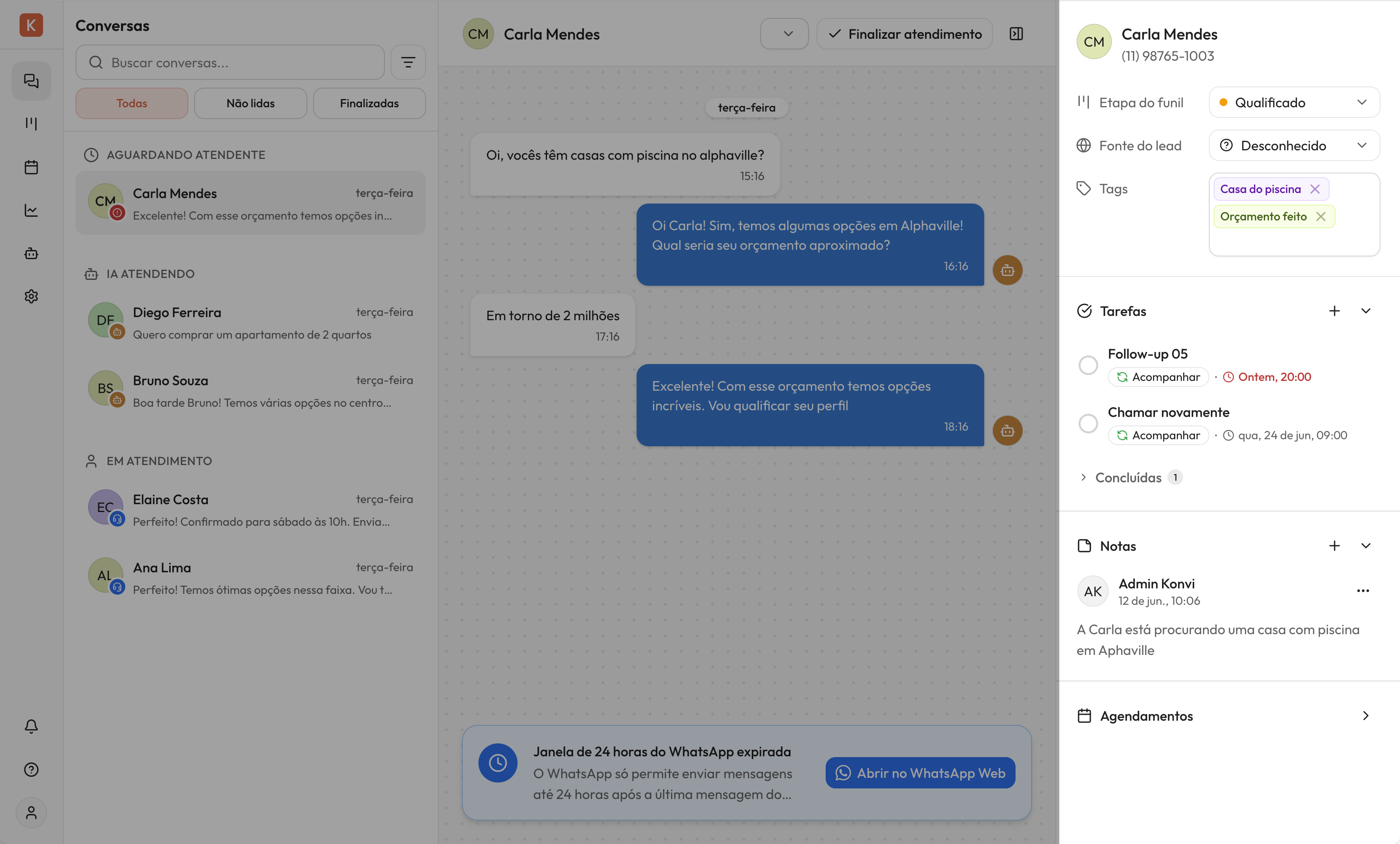Painel de atendimento com os dados do lead, tarefas, notas e agendamentos