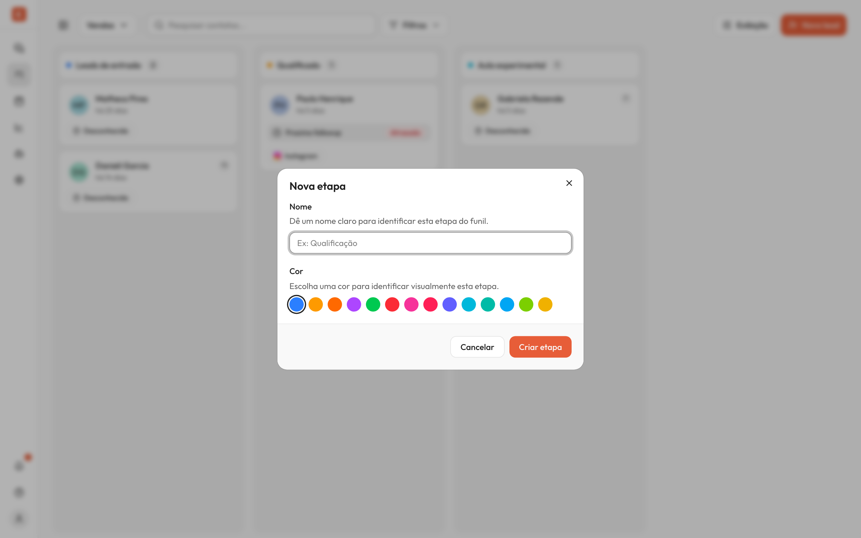 Dialog 'Nova etapa' aberto com o campo Nome em branco (placeholder 'Ex: Qualificação') e uma grade de cores com uma cor selecionada.